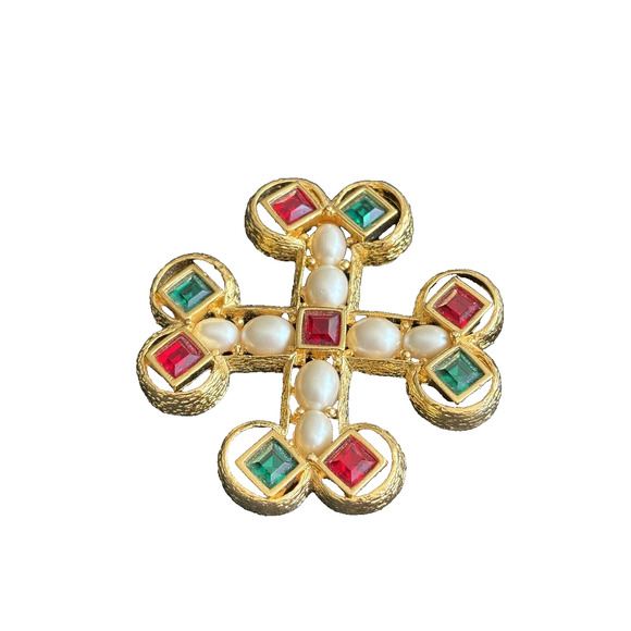 Joan Rivers Maltese cross Brooch Pin Gold Tone Faux Pearls Green Red Rhinestones - Picture 9 of 10